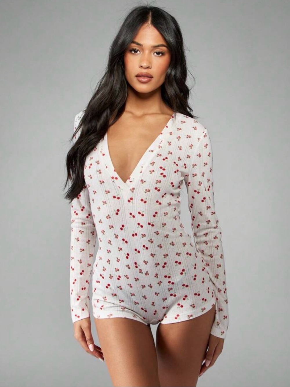 🆕🍒White Ribbed Cherry Print Sleep Romper